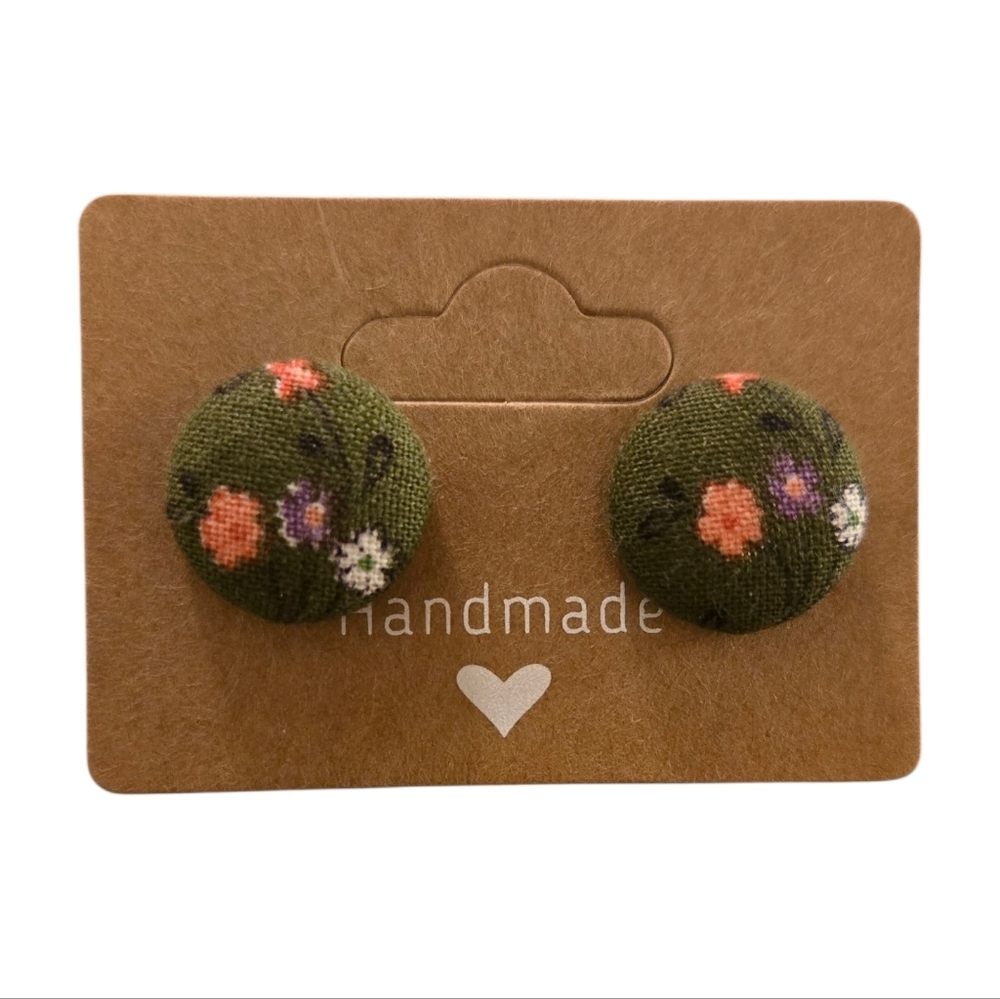 Green Flower Button Earrings
